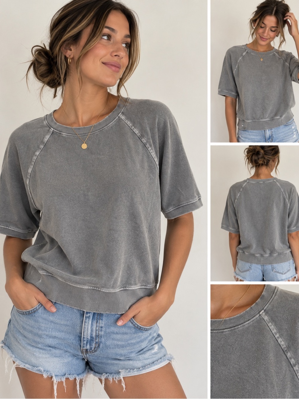 Old Navy Vintage Wash Gray Short Sleeve Sweatshirt S Boxy Y2K
